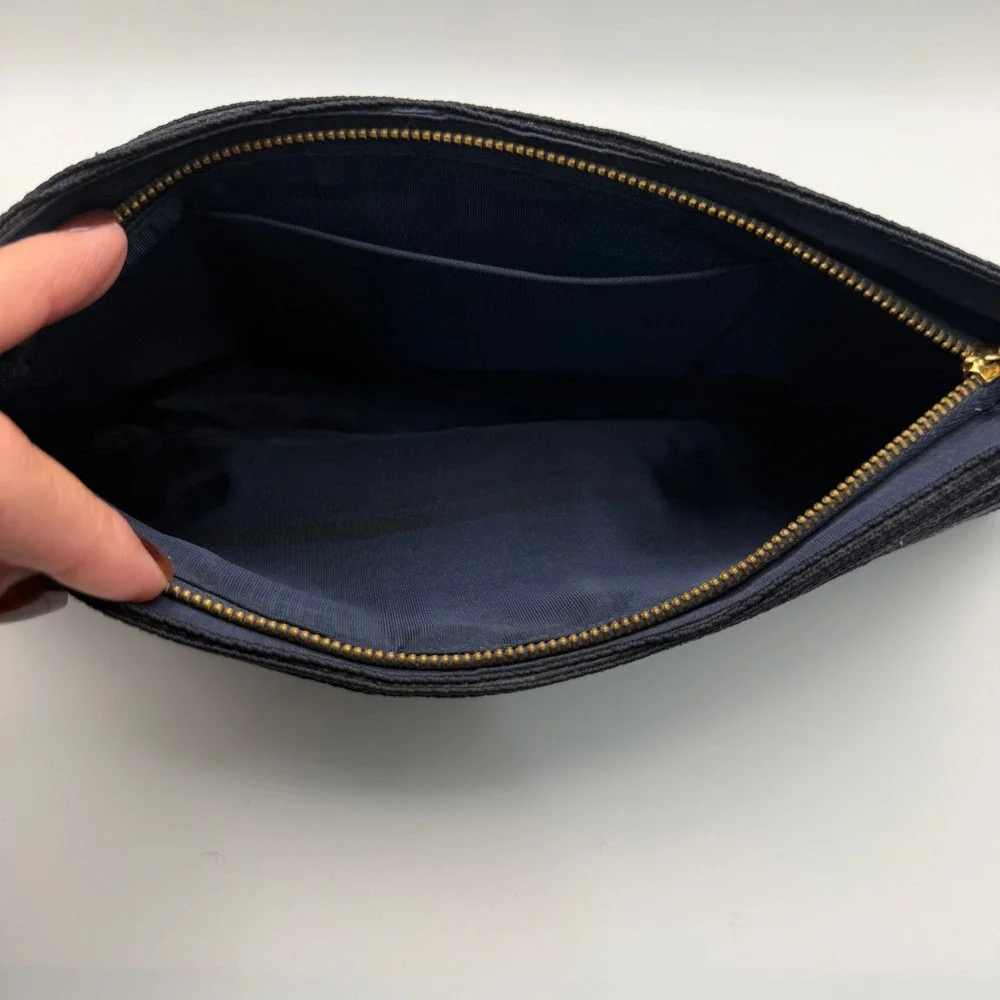 Vintage 1940s Corde Navy Blue Genuine Clutch Evening Bag Brass Zipper Ring Pull
